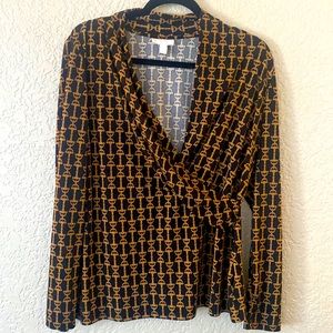 Charter Club, Size Large, Long Sleeve Blouse, Black with Chain Design